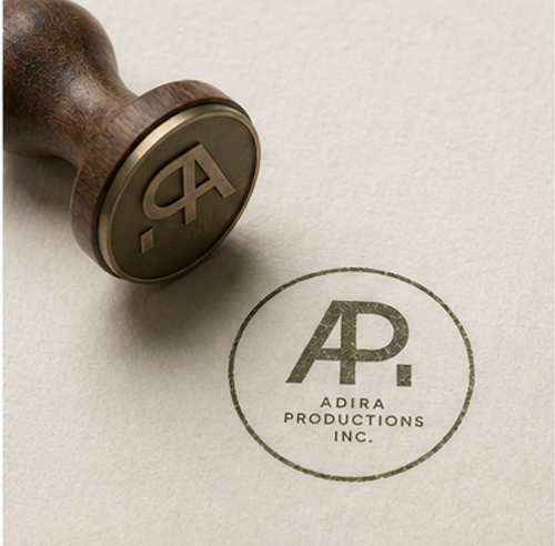 A wooden-handled brass brand stamp bearing the Adira Productions monogram