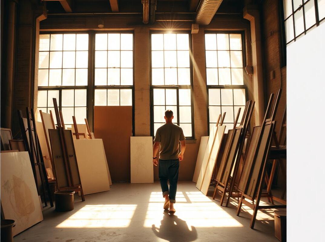 A sunlit artist's studio loft with easels and canvases